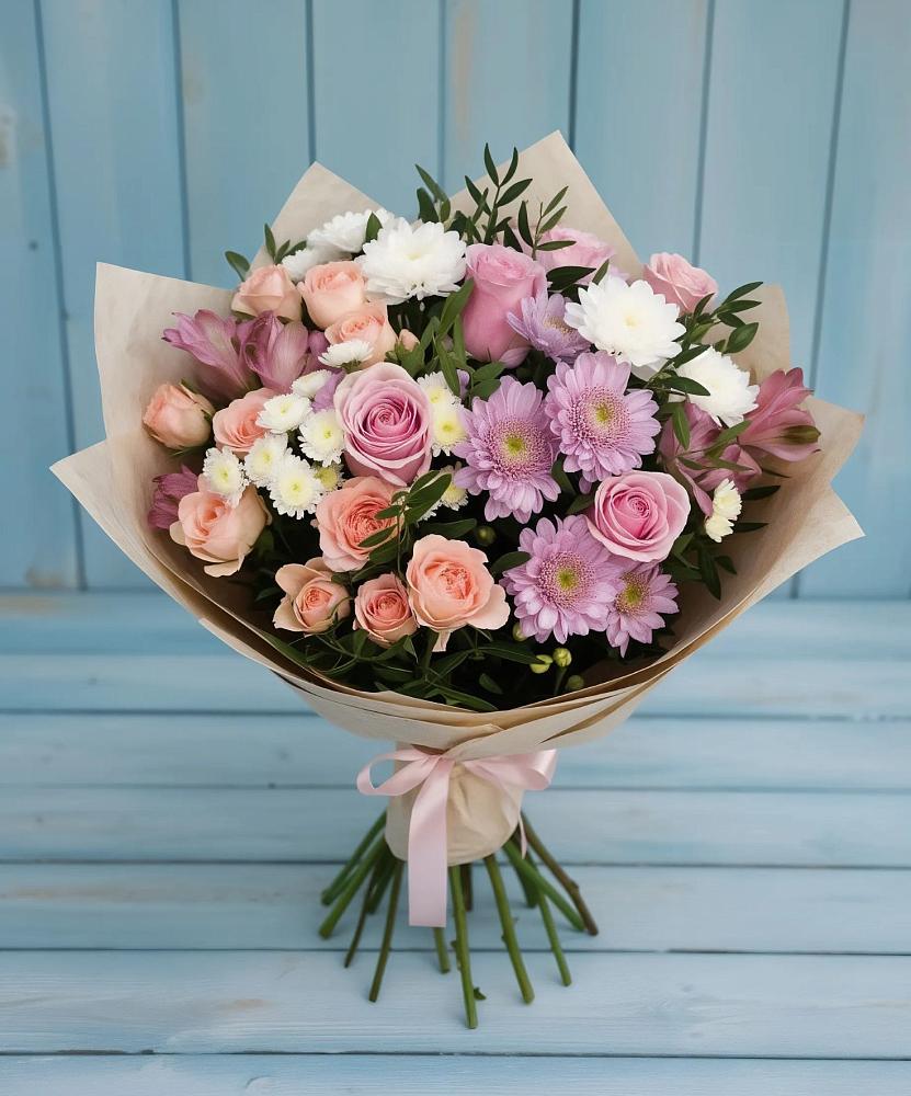Букет цветов из: Хризантемы, Розы и Альстромерии в Стрелке Краснодарского края