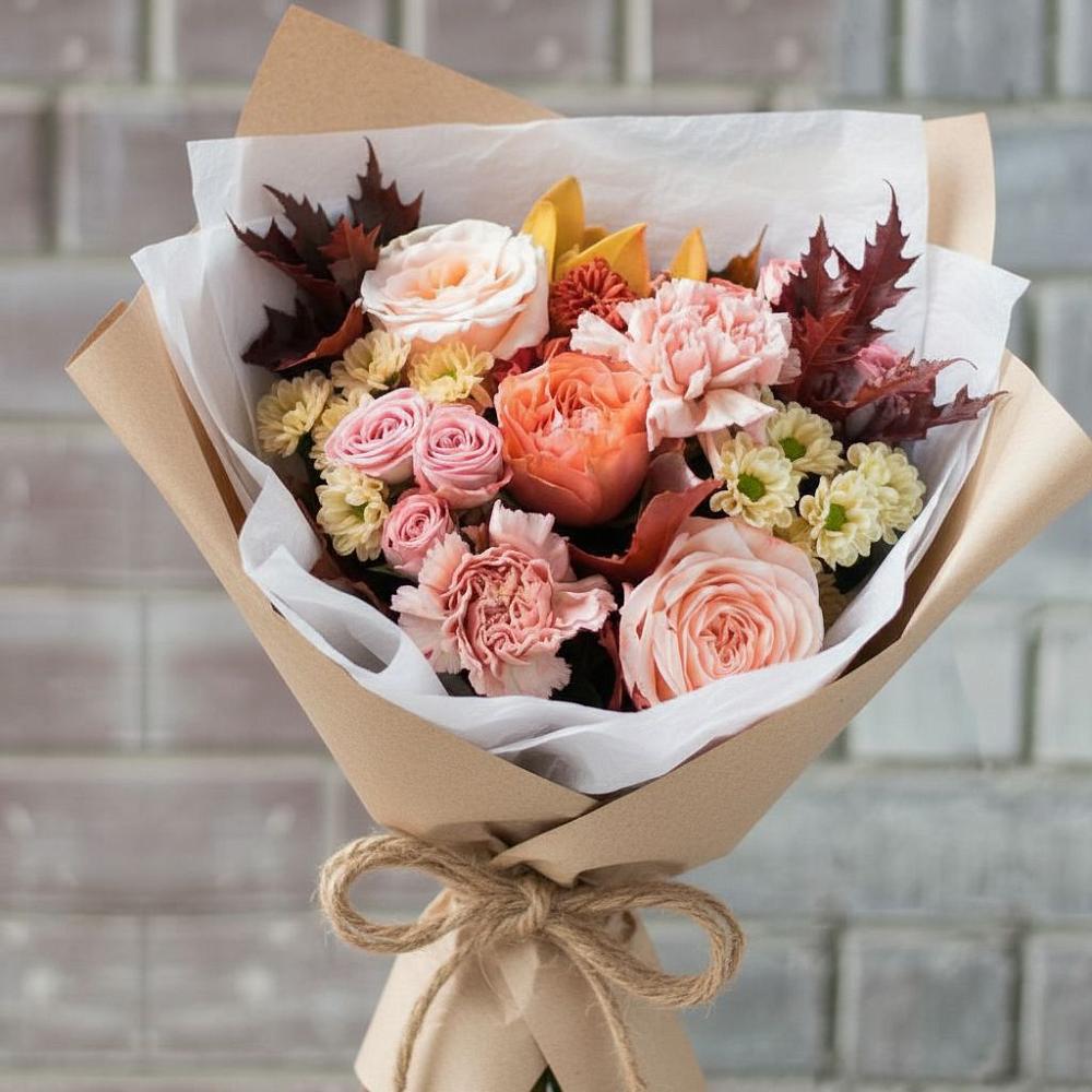 Букет цветов из: Гвоздики, Хризантемы и Розы в Стрелке Краснодарского края