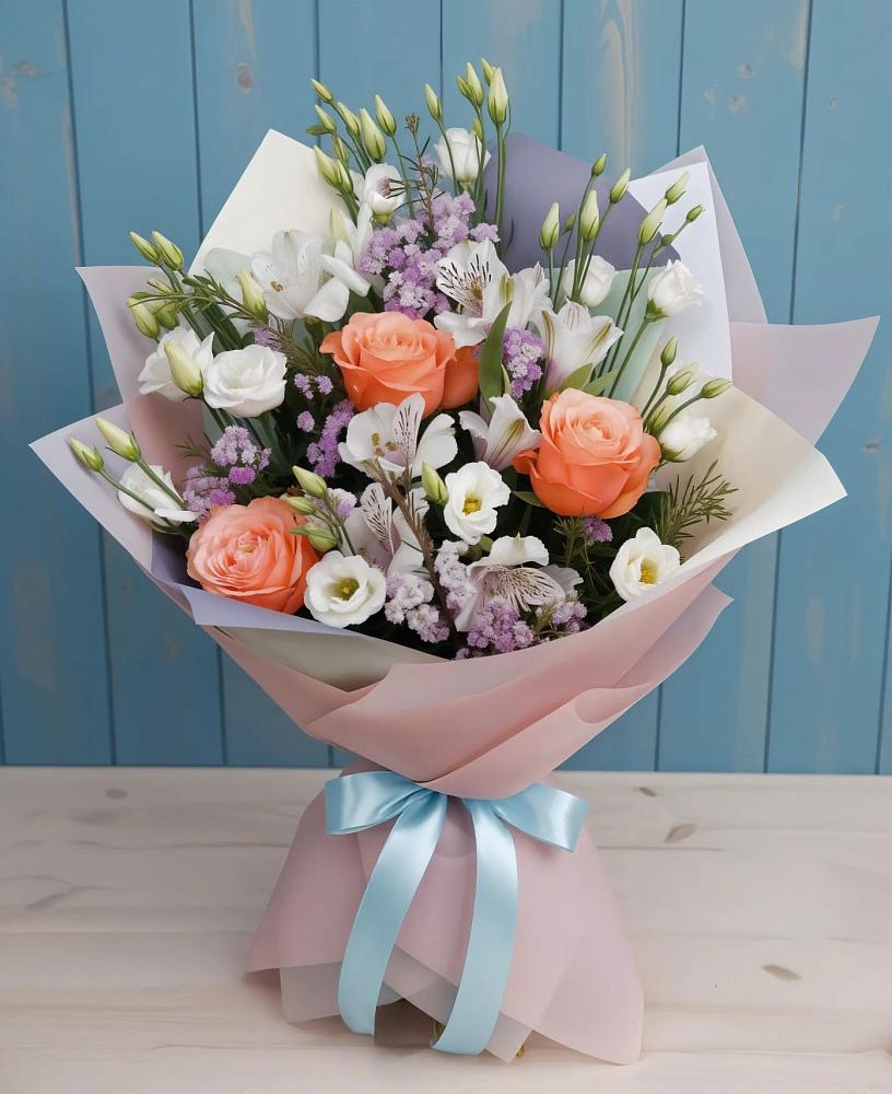 Букет цветов из: Лизиантусы, Розы, Альстромерии и Гипсофила в Стрелке Краснодарского края