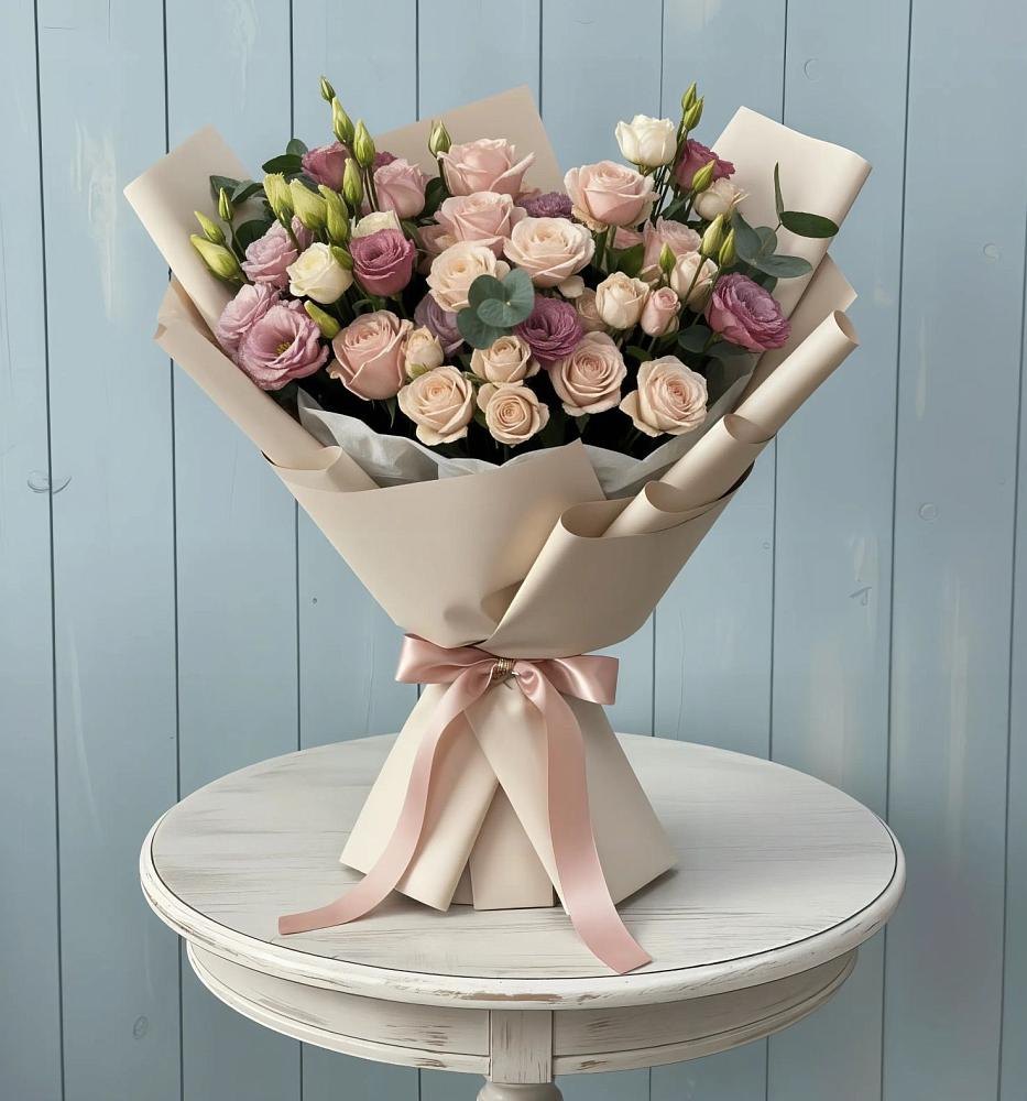 Букет цветов из: Розы и Лизиантусы в Стрелке Краснодарского края