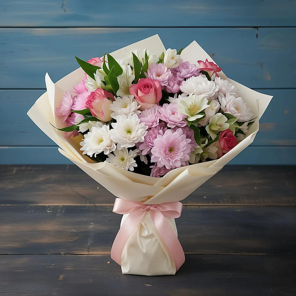 Букет цветов из: Хризантемы, Альстромерии и Розы в Стрелке Краснодарского края